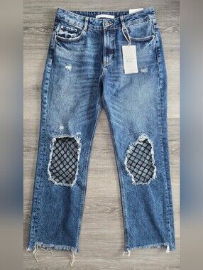 Zara TRF Distressed Jeans with Fishnet Knee Panels NWT SIZE 38 US 6